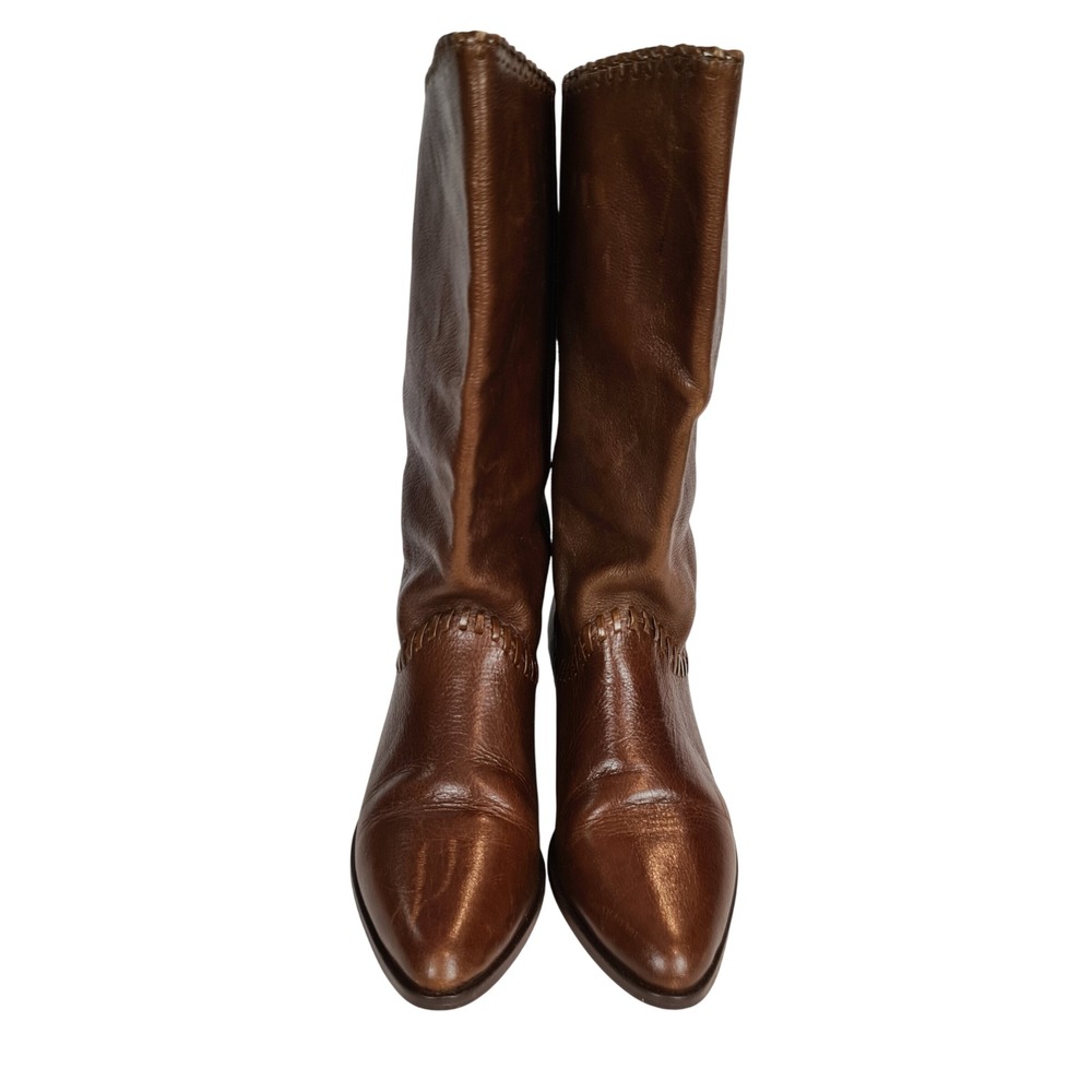 Connie Vintage Brown Leather Slouch Tall Boots 7B Pointed Toe Whipstitch Brazil - Picture 2 of 11